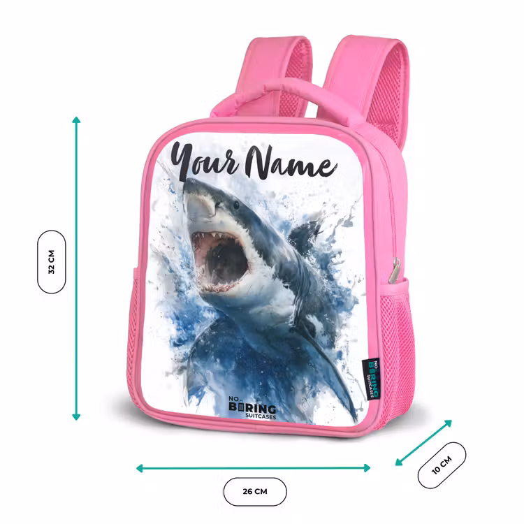Kids backpack - Pink - Attacking shark in watercolor — 3
