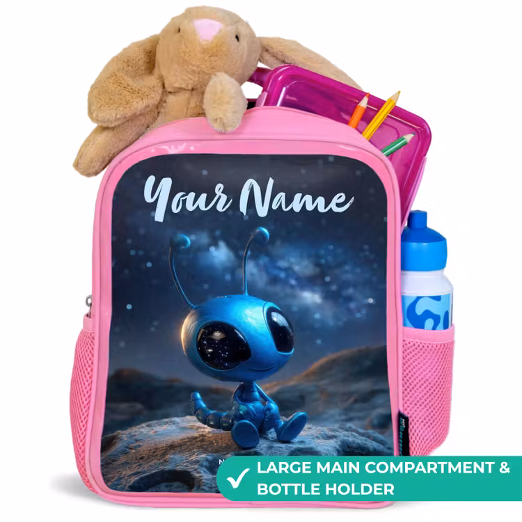 Kids backpack - Pink - Blue alien creature under starry sky — 2