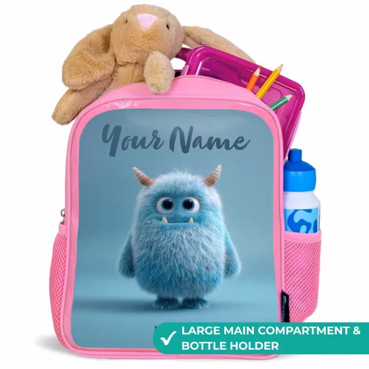 Kids backpack - Pink - Blue fluffy monster with horns — 2