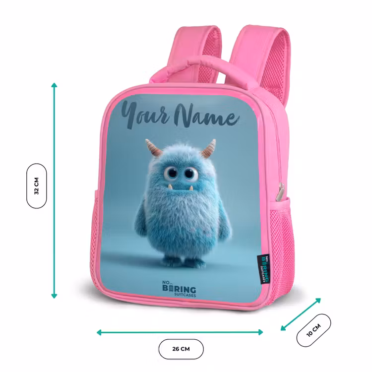 Kids backpack - Pink - Blue fluffy monster with horns — 3