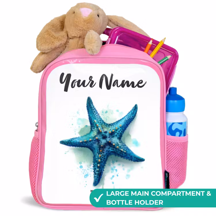 Kids backpack - Pink - Blue Starfish on White Background — 2