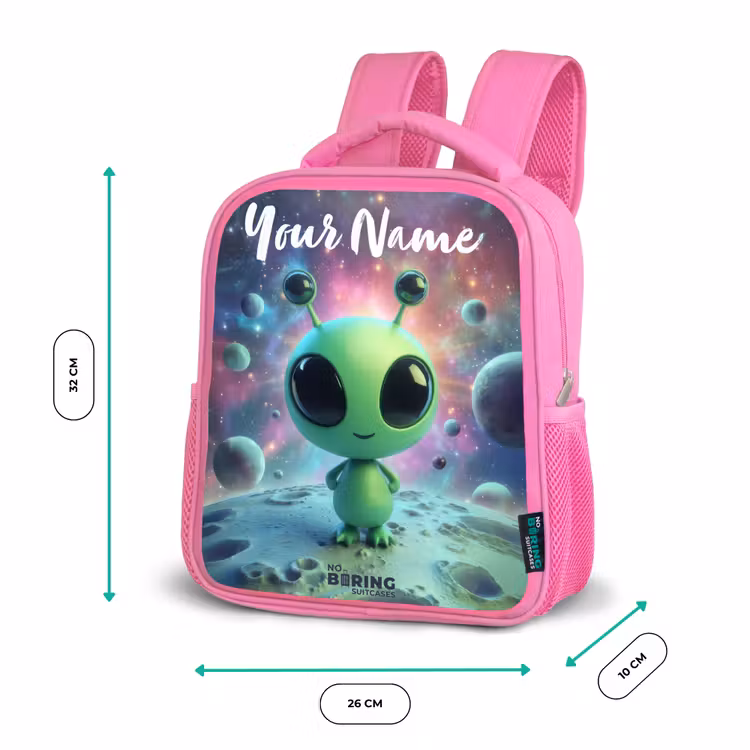 Kids backpack - Pink - Green alien creature on lunar landscape — 3
