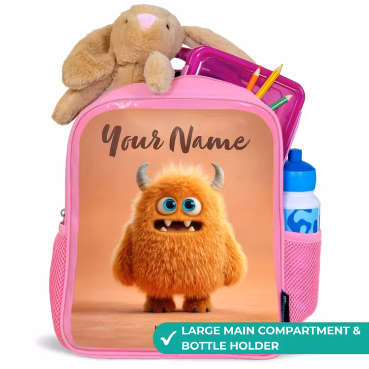 Kids backpack - Pink - Orange Fluffy Monster with Horns — 2