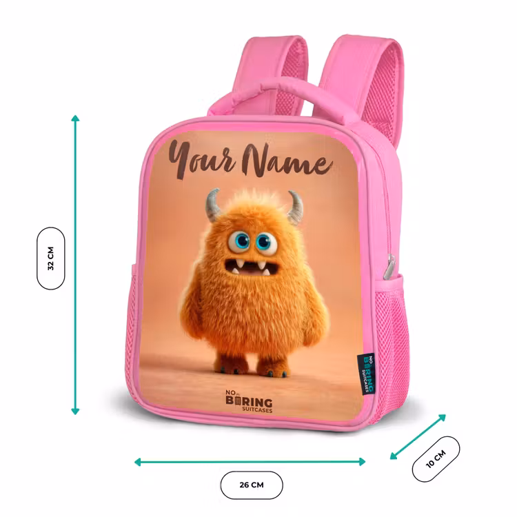 Kids backpack - Pink - Orange Fluffy Monster with Horns — 3