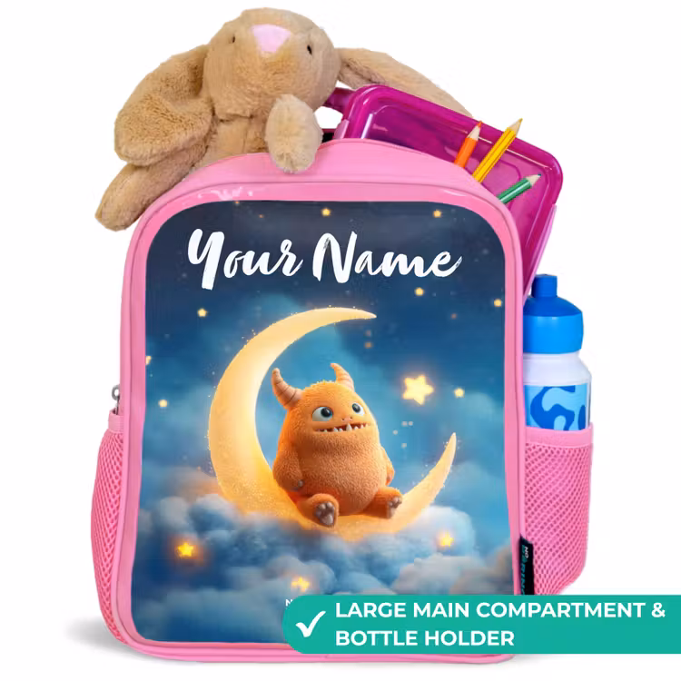 Kids backpack - Pink - Orange monster on crescent moon — 2