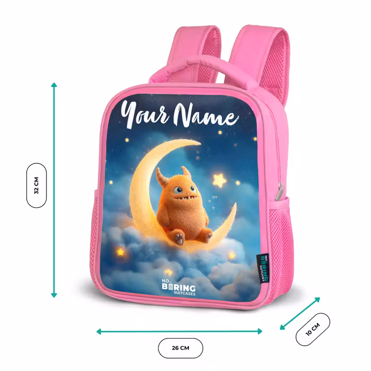 Kids backpack - Pink - Orange monster on crescent moon — 3