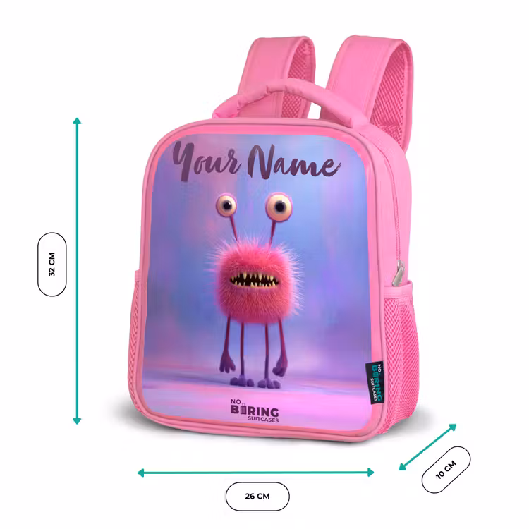 Kids backpack - Pink - Pink furry monster with big eyes — 3
