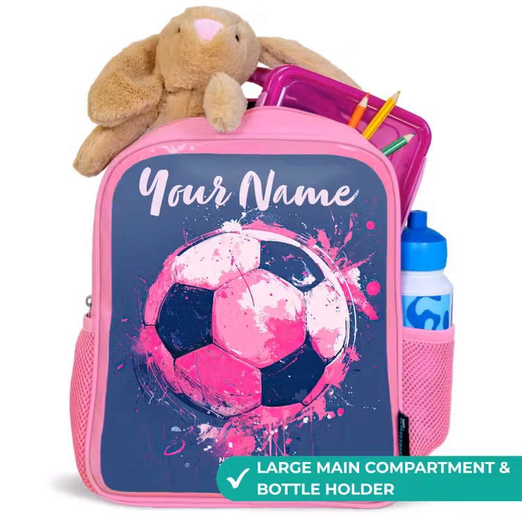 Kids backpack with name - Pink - Soccer vibes - Paint - Pink - Blue — 2