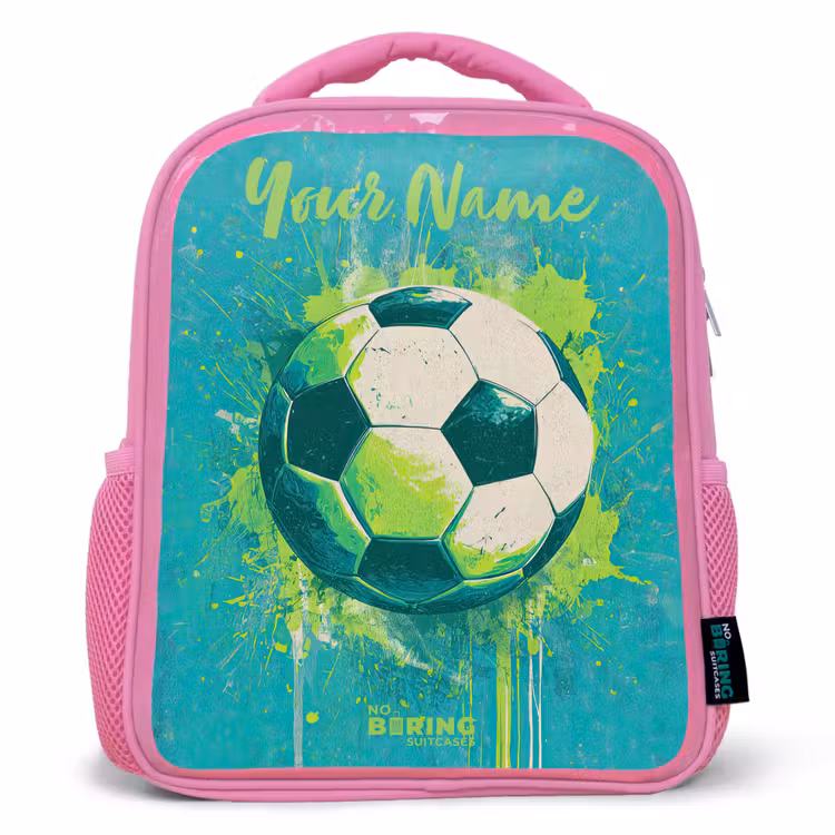 Kids backpack with name - Pink - Soccer vibes - Paint splashes - Green - Blue — 1