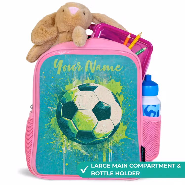 Kids backpack with name - Pink - Soccer vibes - Paint splashes - Green - Blue — 2
