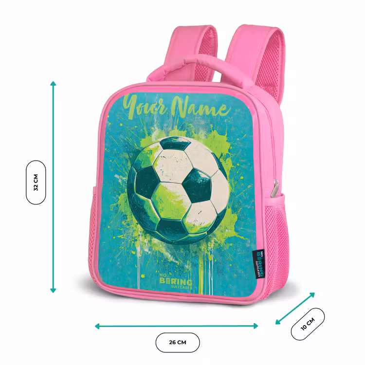 Kids backpack with name - Pink - Soccer vibes - Paint splashes - Green - Blue — 3