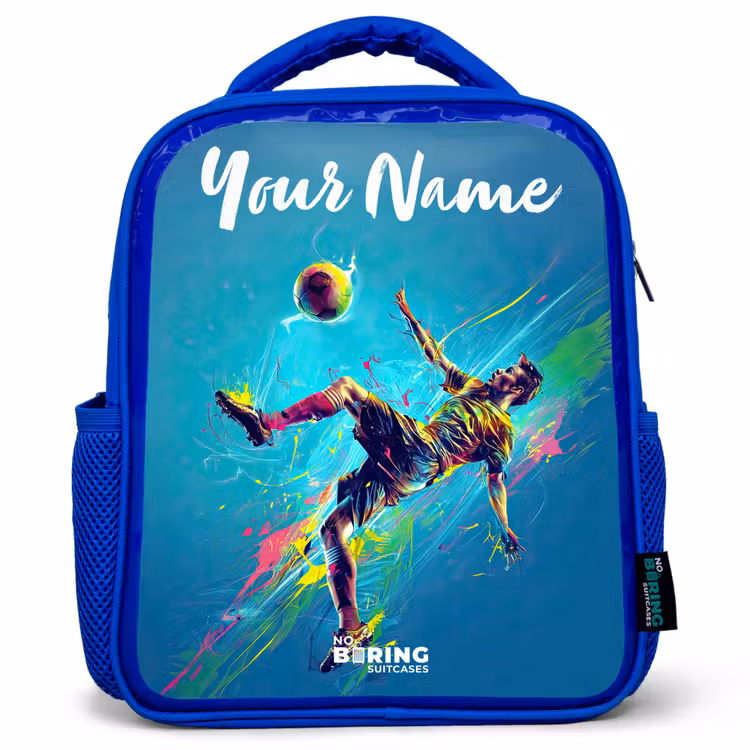 Kids backpack with name - Blue - Neon - Football - Kick - Colorful — 1