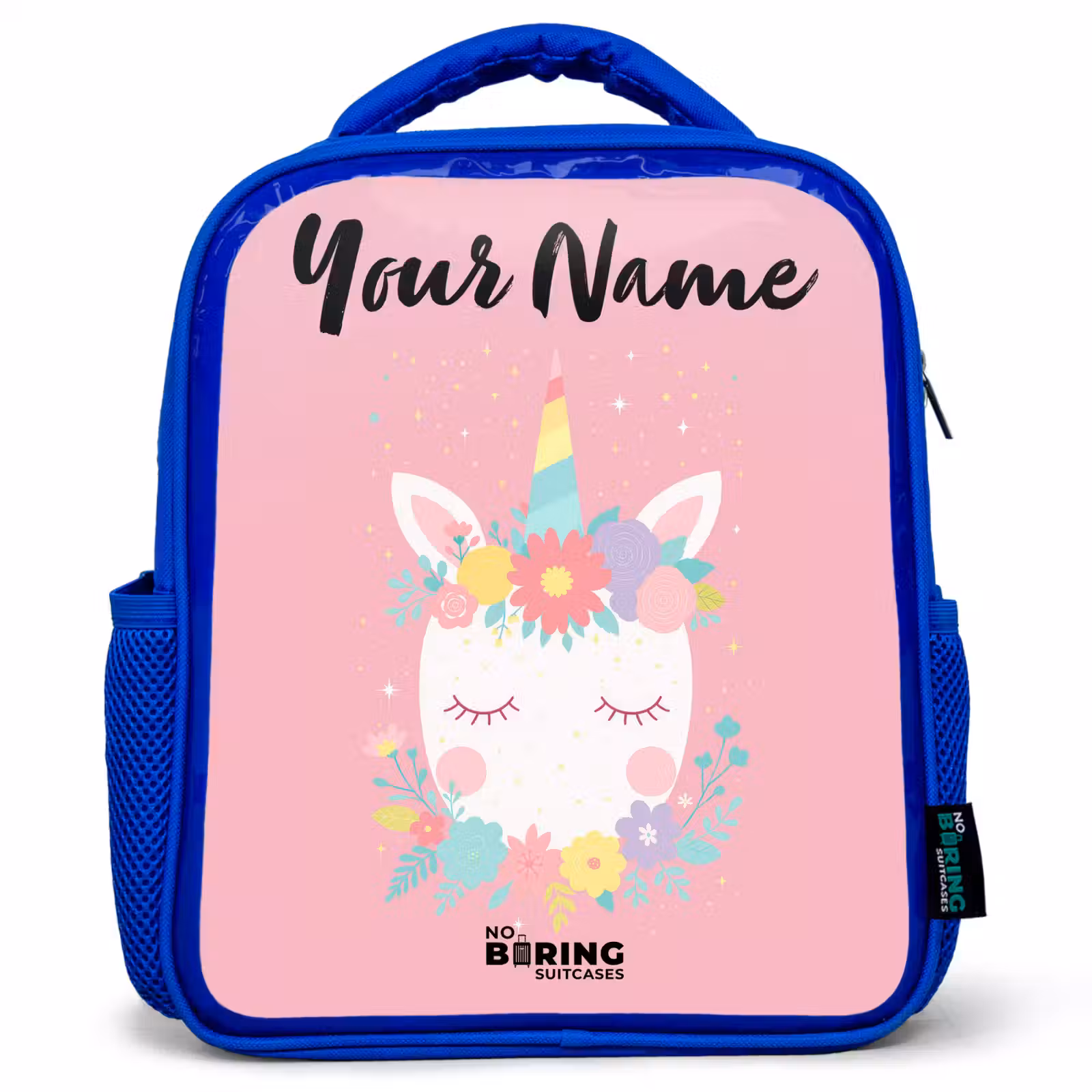 Kids backpack with name - Blue - Unicorn - Flowers - Pink — 1