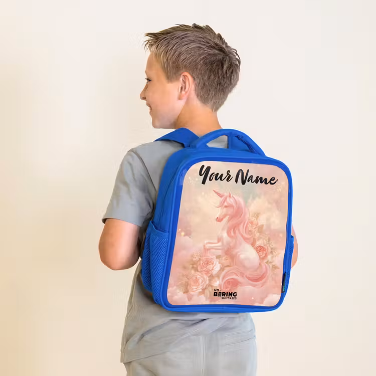 Kids backpack with name - Blue - Unicorn - Clouds - Pink — 2