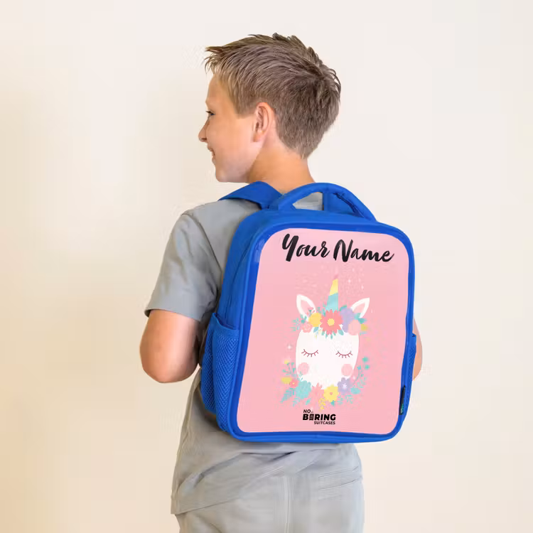 Kids backpack with name - Blue - Unicorn - Flowers - Pink — 2