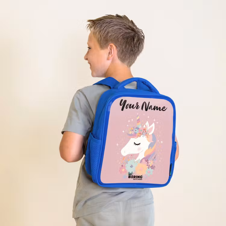 Kids backpack with name - Blue - Unicorn - Pink - Flowers — 2
