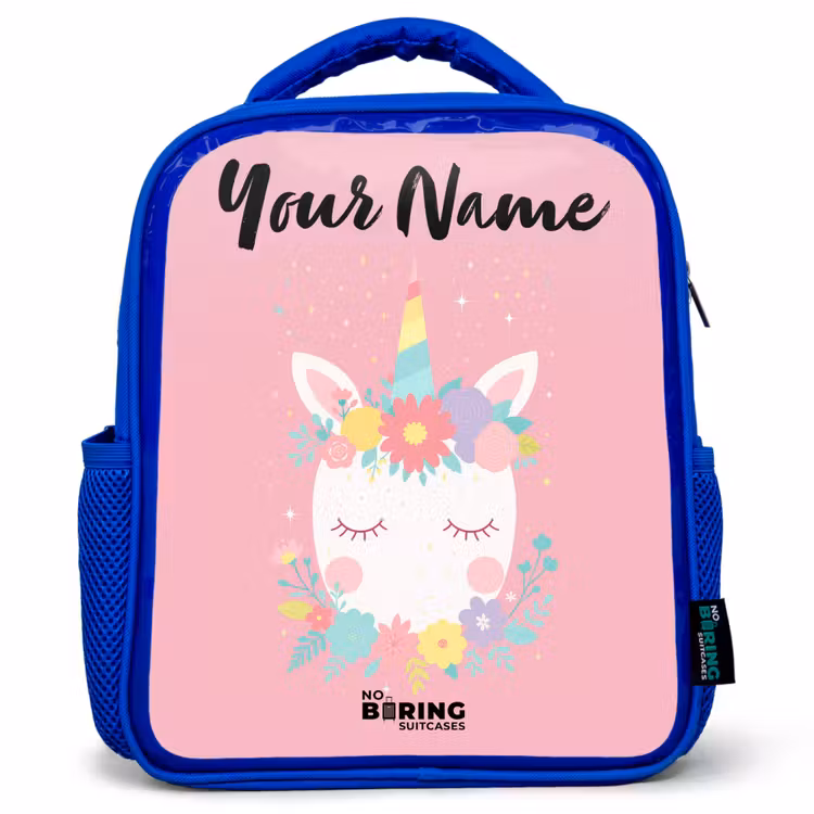 Kids backpack with name - Blue - Unicorn - Flowers - Pink — 1