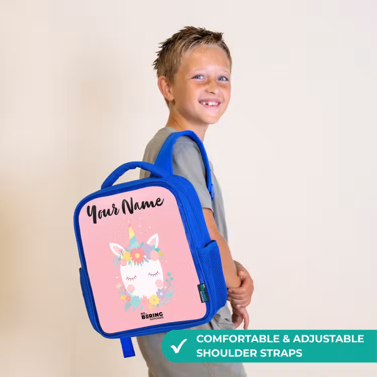 Kids backpack with name - Blue - Unicorn - Flowers - Pink — 4