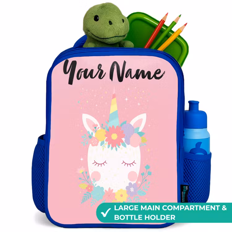 Kids backpack with name - Blue - Unicorn - Flowers - Pink — 5