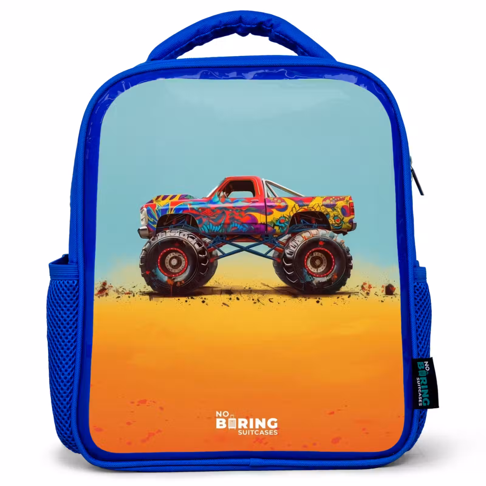 Kids backpack - Blue - Monster Truck with Graffiti Print in the Sand — 1