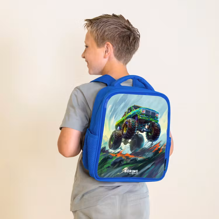 Kids backpack - Blue - Green Monster Truck with Brushstrokes — 2