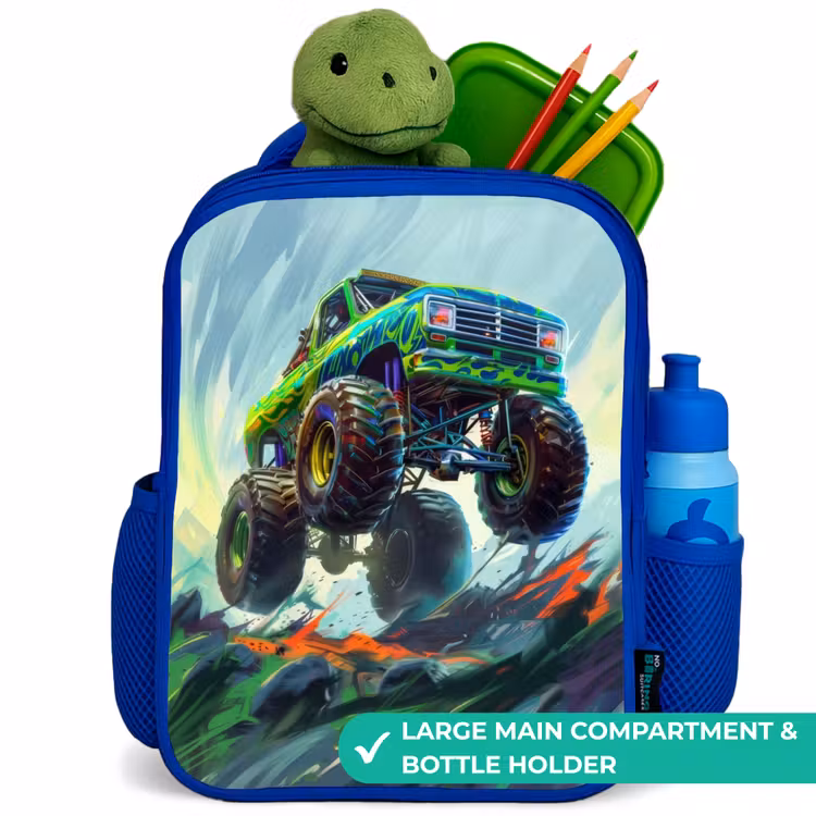 Kids backpack - Blue - Green Monster Truck with Brushstrokes — 5