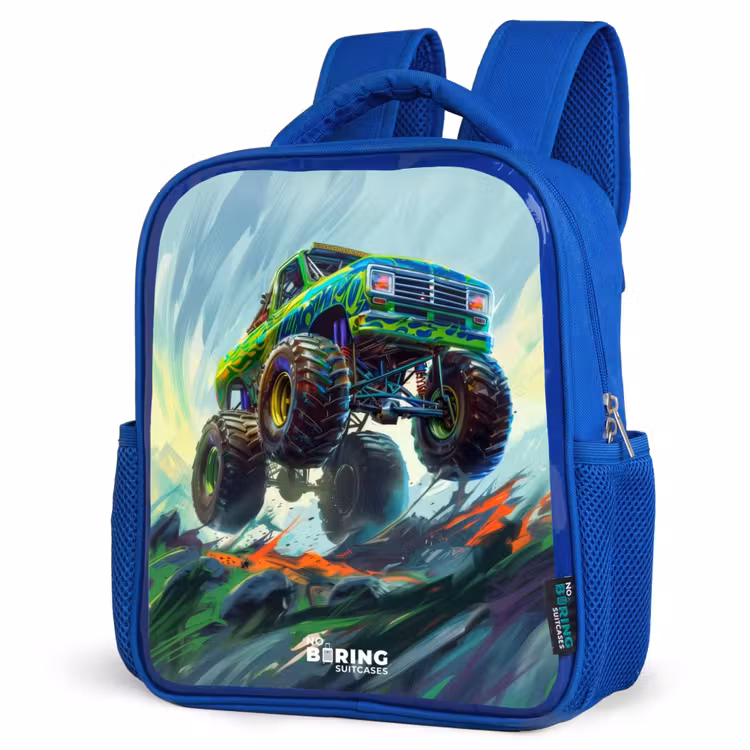 Kids backpack - Blue - Green Monster Truck with Brushstrokes — 7