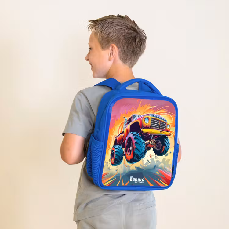 Kids backpack - Blue - Pink Monster Truck Flies Over the Tarmac — 2