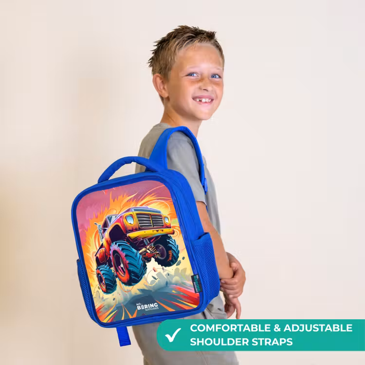 Kids backpack - Blue - Pink Monster Truck Flies Over the Tarmac — 4