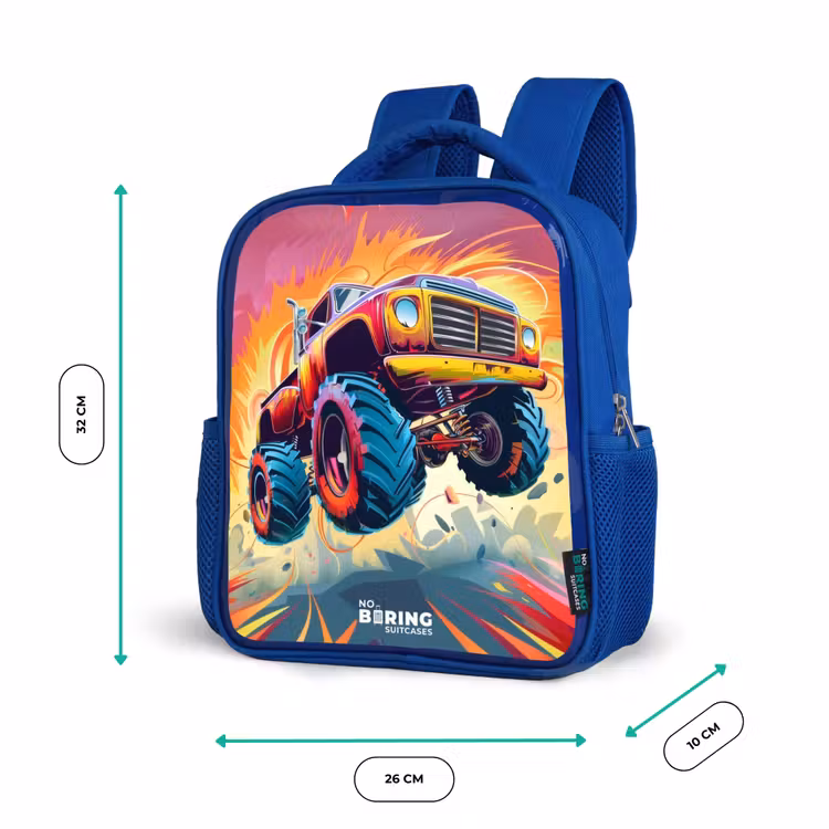 Kids backpack - Blue - Pink Monster Truck Flies Over the Tarmac — 6