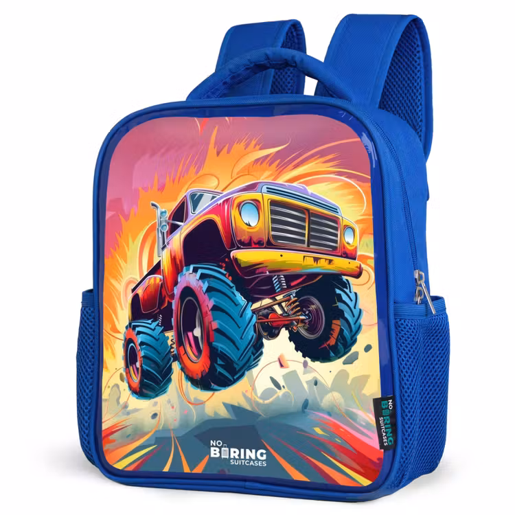Kids backpack - Blue - Pink Monster Truck Flies Over the Tarmac — 7