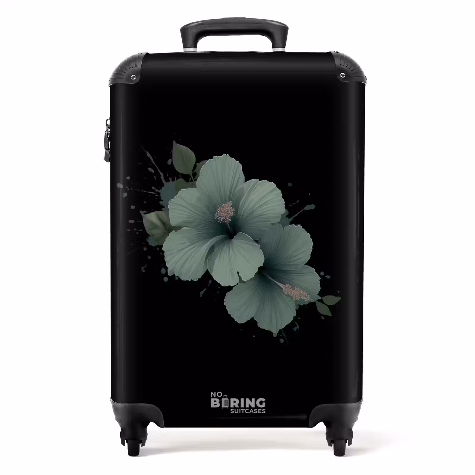 Suitcase - Black background with green hibiscus flower — 1