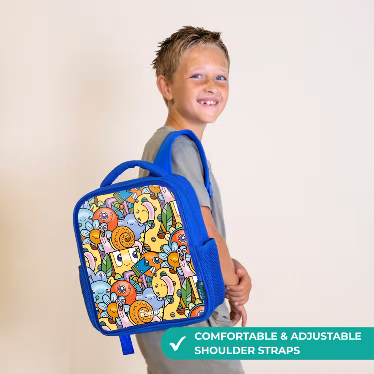 Kids backpack - Blue - Cartoon of different creatures and faces — 4