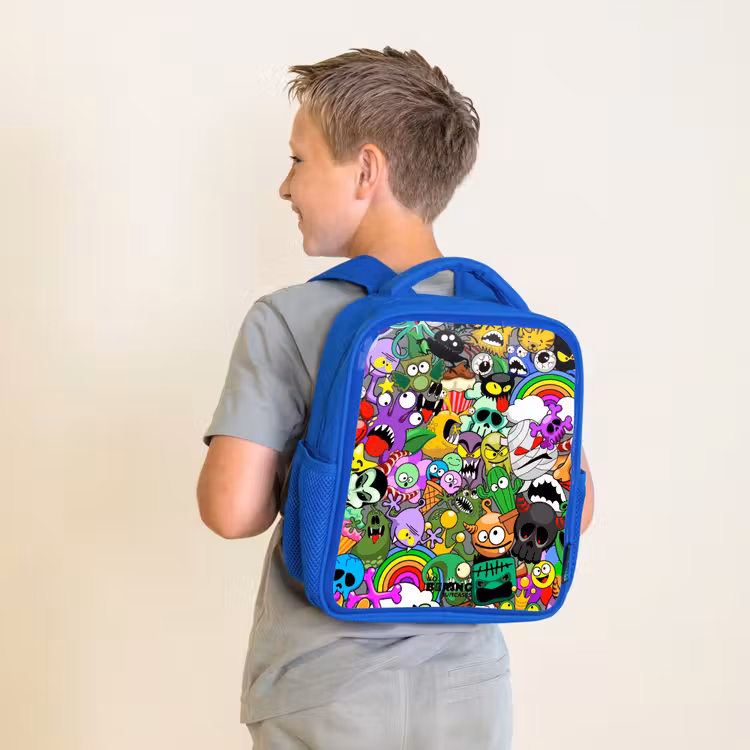 Kids backpack - Blue - Chaotic colorful monster pattern — 2