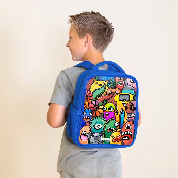 Kids backpack - Blue - Expressive and busy pattern with samples — 2