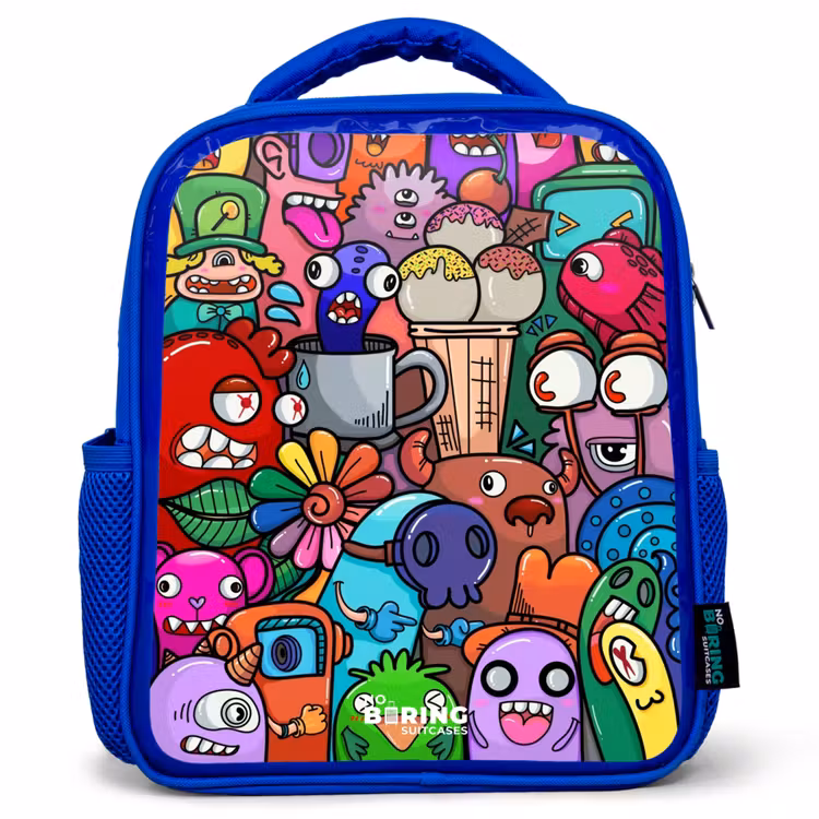 Kids backpack - Blue - Monsters, flowers and ice cream pattern — 1