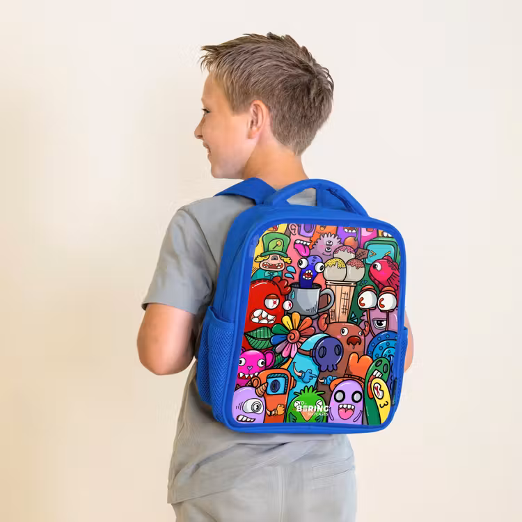 Kids backpack - Blue - Monsters, flowers and ice cream pattern — 2