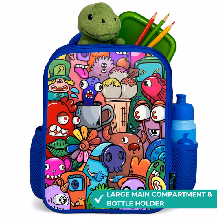 Kids backpack - Blue - Monsters, flowers and ice cream pattern — 5