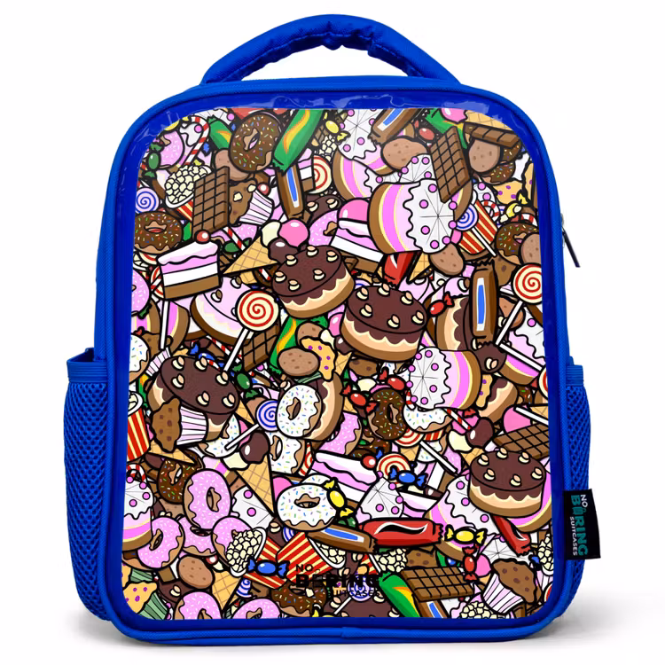 Kids backpack - Blue - Overflowing pattern with treats — 1