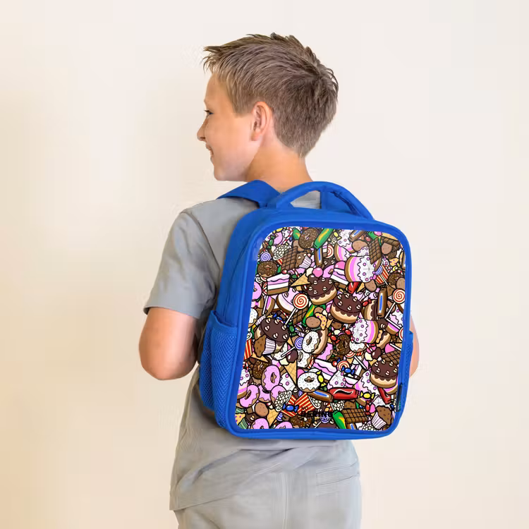 Kids backpack - Blue - Overflowing pattern with treats — 2