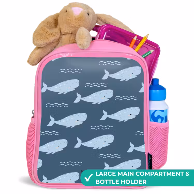 Kids backpack - Pink - Whale with waves pattern blue — 2