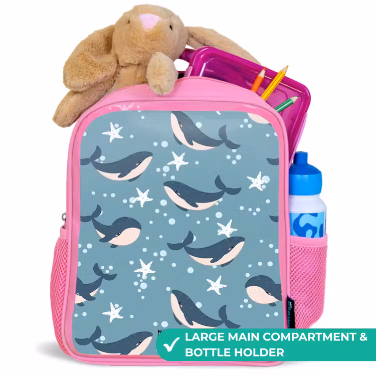 Kids backpack - Pink - Whales with starfish pattern blue — 2