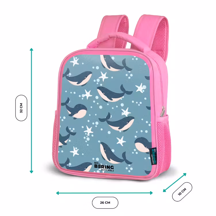 Kids backpack - Pink - Whales with starfish pattern blue — 3