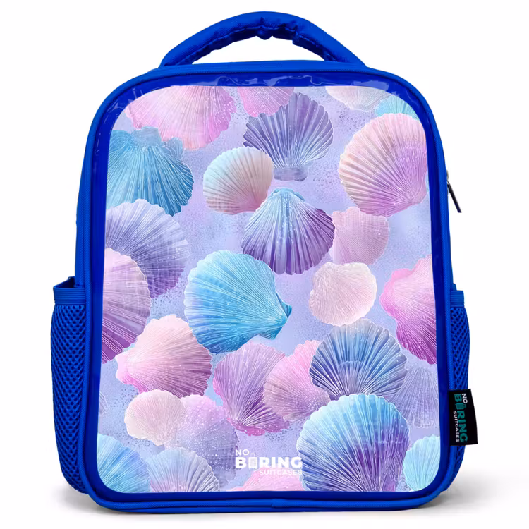 Kids backpack with name - Blue - Colored shells on a purple background — 1