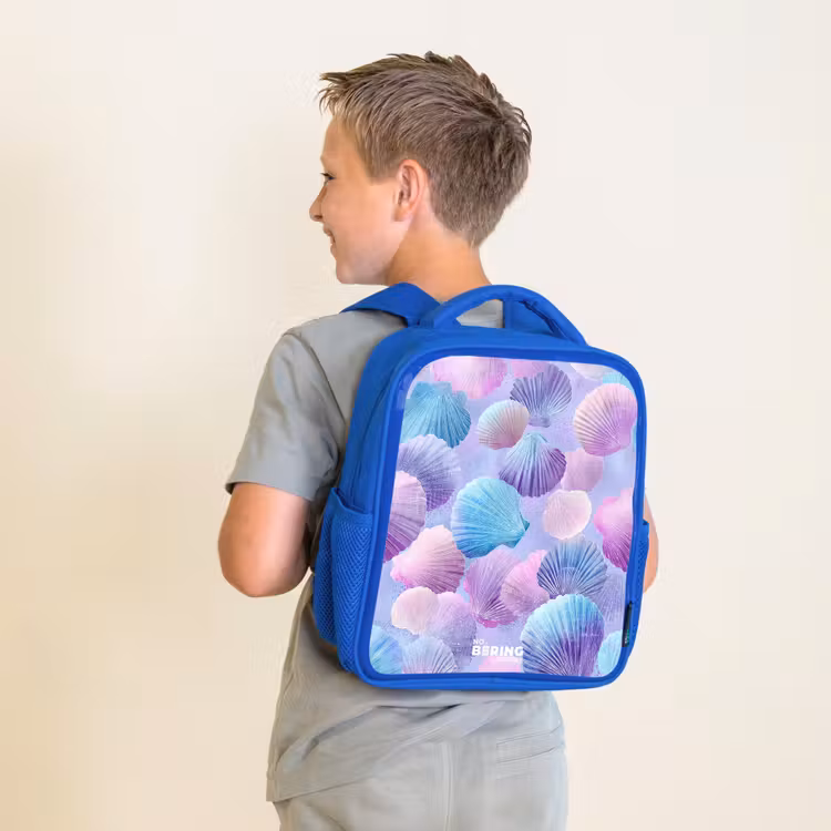 Kids backpack with name - Blue - Colored shells on a purple background — 2