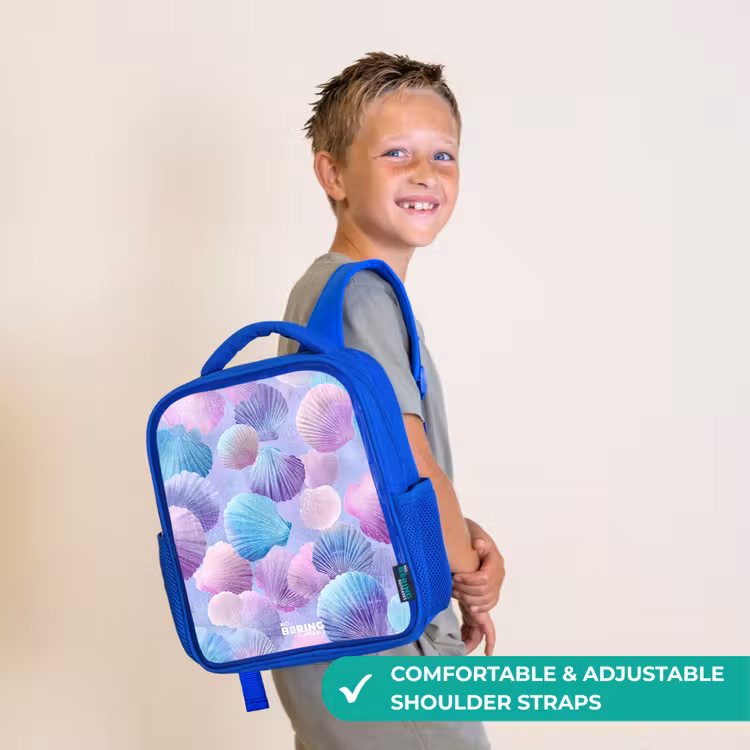 Kids backpack with name - Blue - Colored shells on a purple background — 4