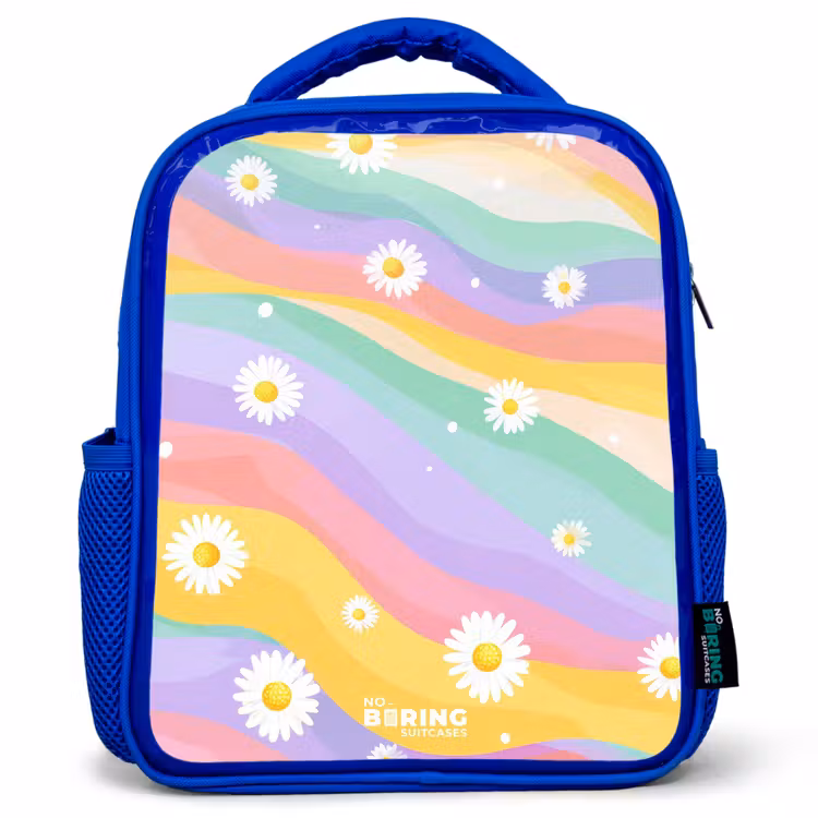 Kids backpack with name - Blue - Daisies on rainbow background — 1