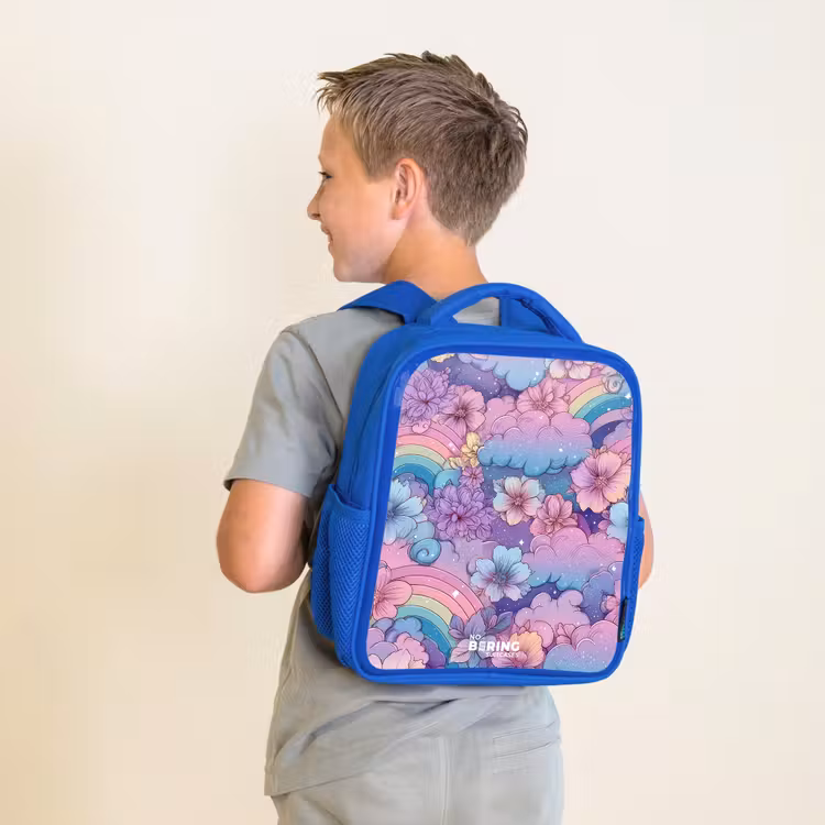 Kids backpack with name - Blue - Illustration of clouds, rainbows and flowers — 2