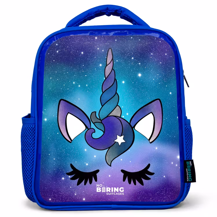 Kids backpack with name - Blue - Purple unicorn — 1