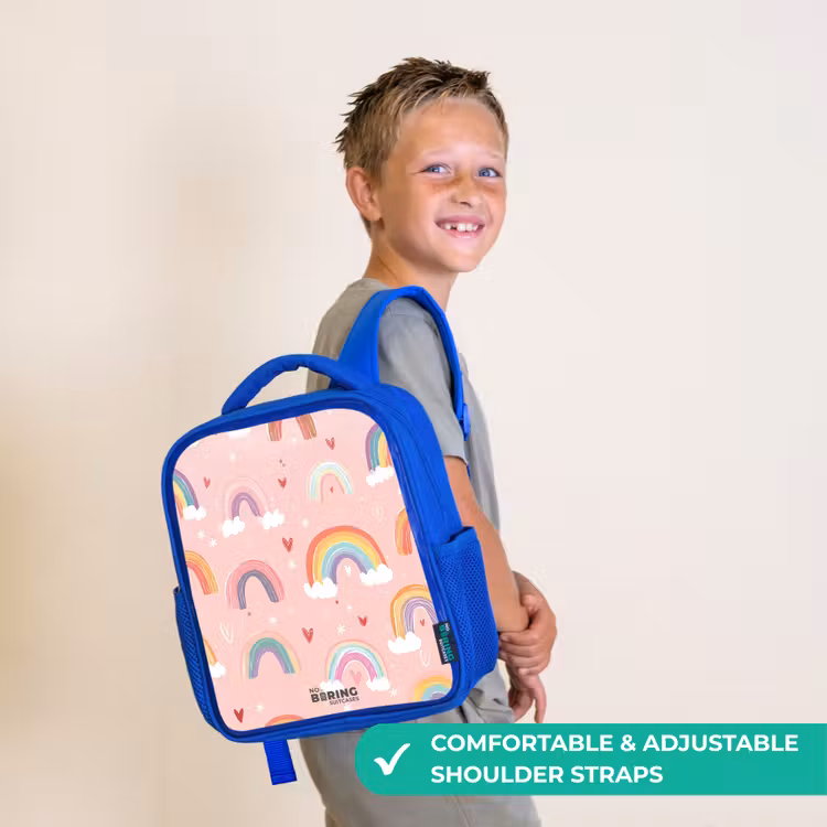 Kids backpack with name - Blue - Rainbows on a pink background — 4